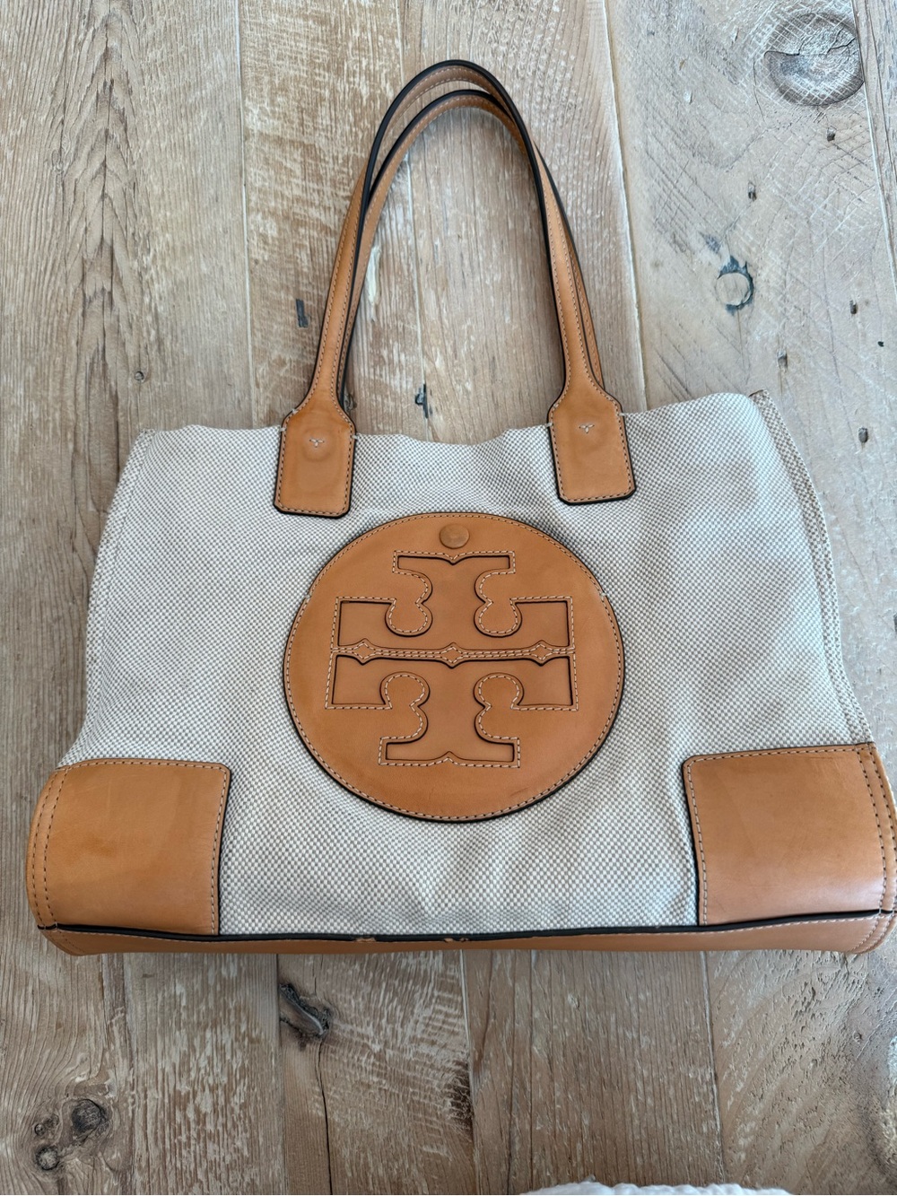 Tory Burch Beige Canvas Tote with Tan Leather Trim